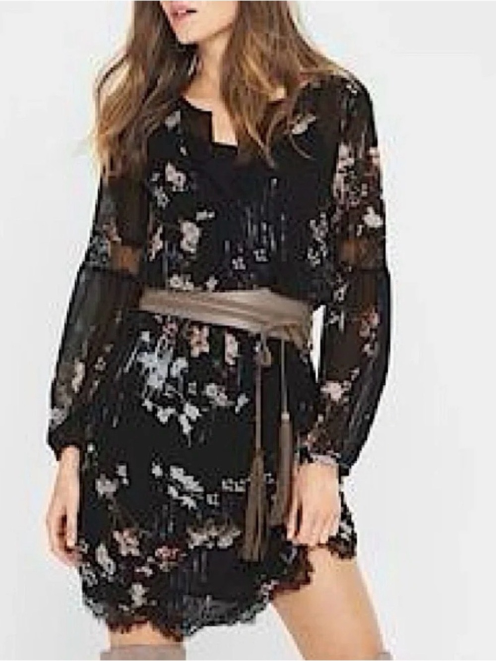 White House Black Market Black Floral Long-Sleeve Mini Dress with Taupe Belt